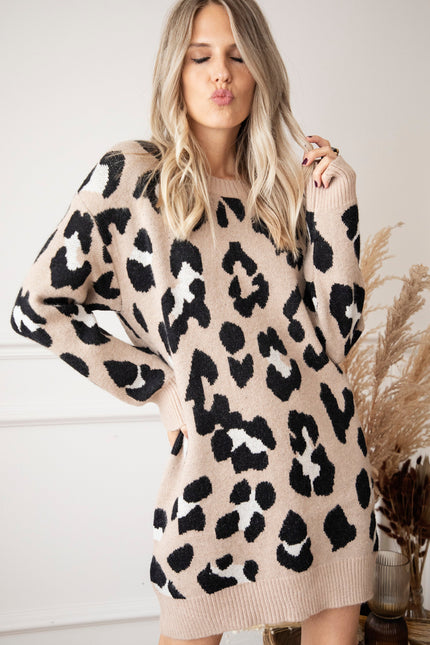 You're A Wild One Beige - Sweater Dress