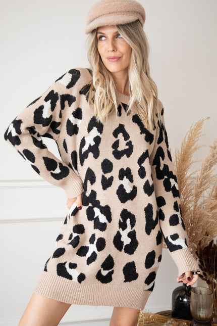 You're A Wild One Beige - Sweater Dress