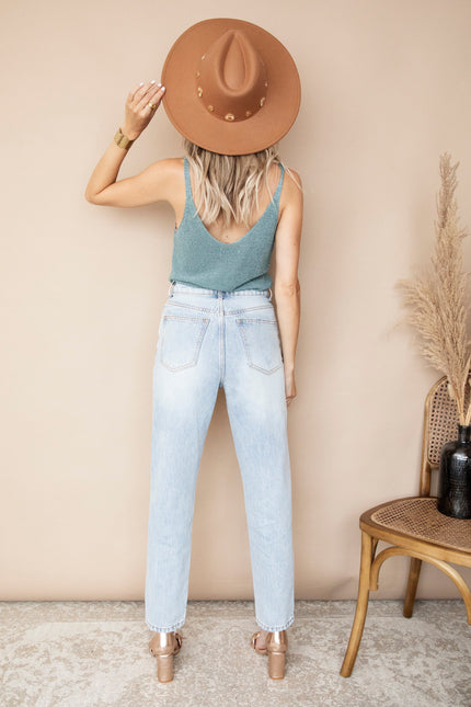 Ripped Detail Mom Light Blue - Jeans