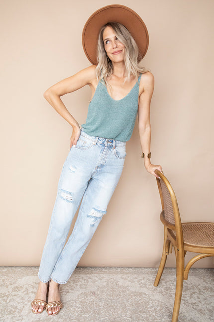Ripped Detail Mom Light Blue - Jeans