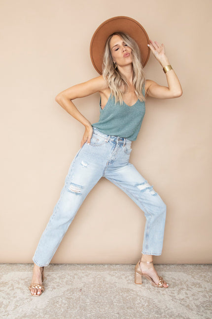 Ripped Detail Mom Light Blue - Jeans