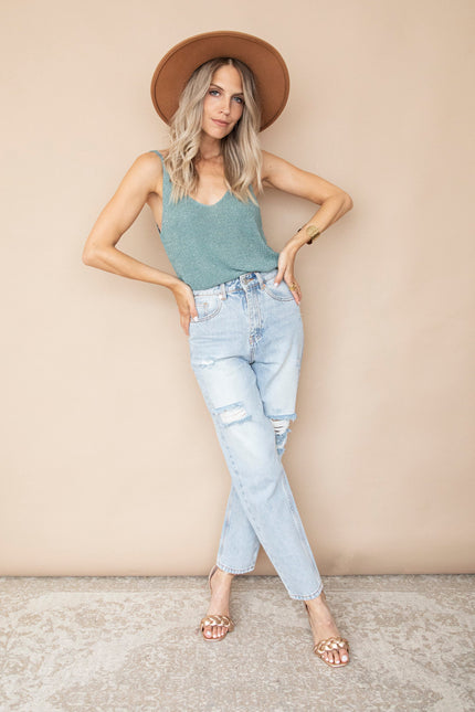 Ripped Detail Mom Light Blue - Jeans