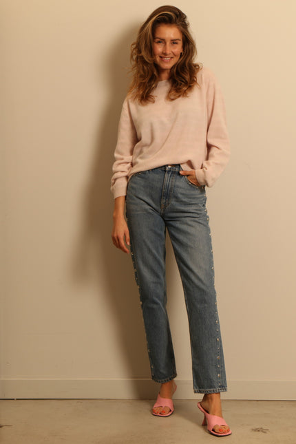 People's Republic of Cashmere - sweater -  Striped Boxy O-neck Creme Light Pink - Roze